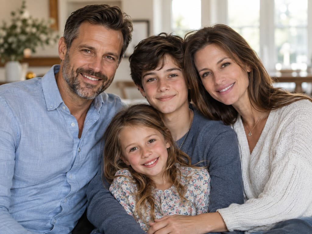 A family smiles together at home.